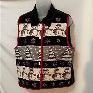 TanTrums Vintage Womens Festive Tapestry Snowman and Tree Vest Velvet Collar